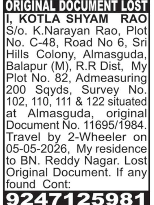 LOST OF DOCUMENT