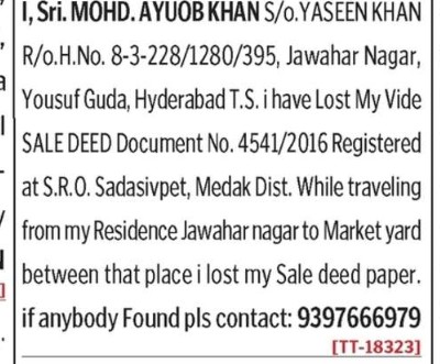 LOST OF DOCUMENT
