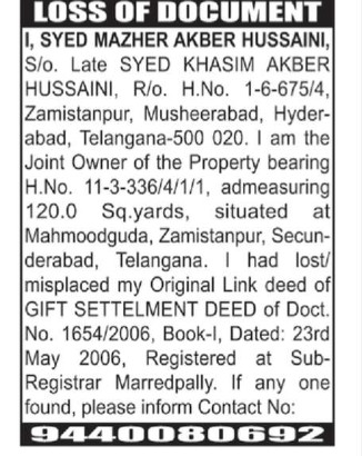 LOST OF DOCUMENT