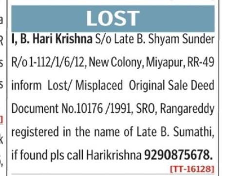 LOST OF DOCUMENT