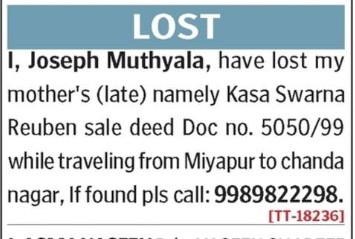 LOST OF DOCUMENT