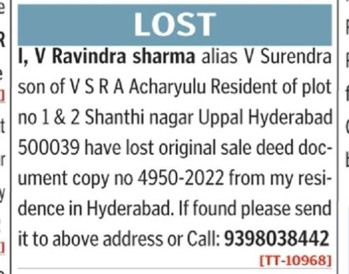 LOST OF DOCUMENT