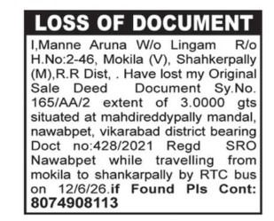 LOST OF DOCUMENT