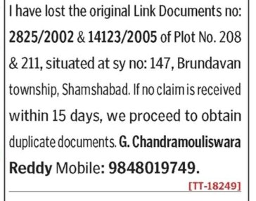 LOST OF DOCUMENT