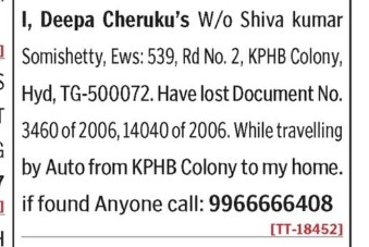 LOST OF DOCUMENT