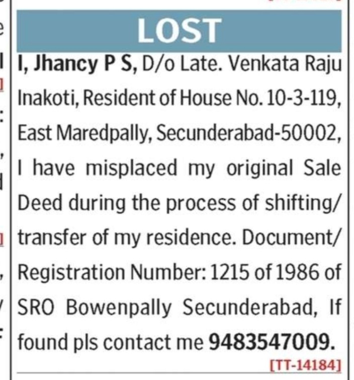 LOST OF DOCUMENTS
