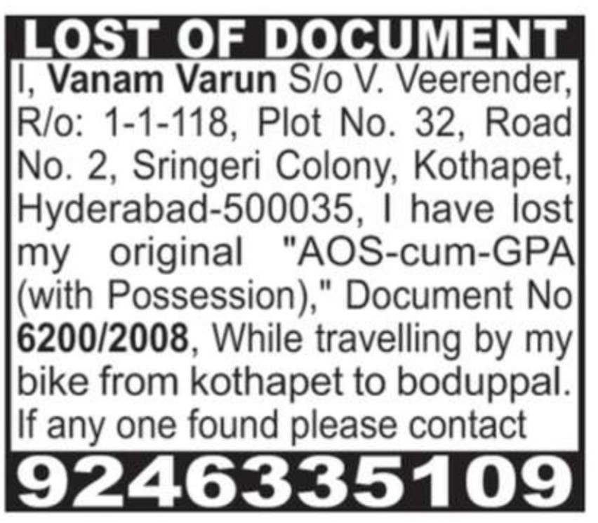 LOST OF DOCUMENTS