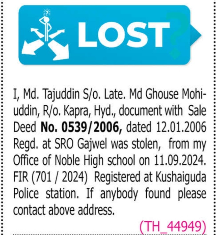 LOST OF DOCUMENTS