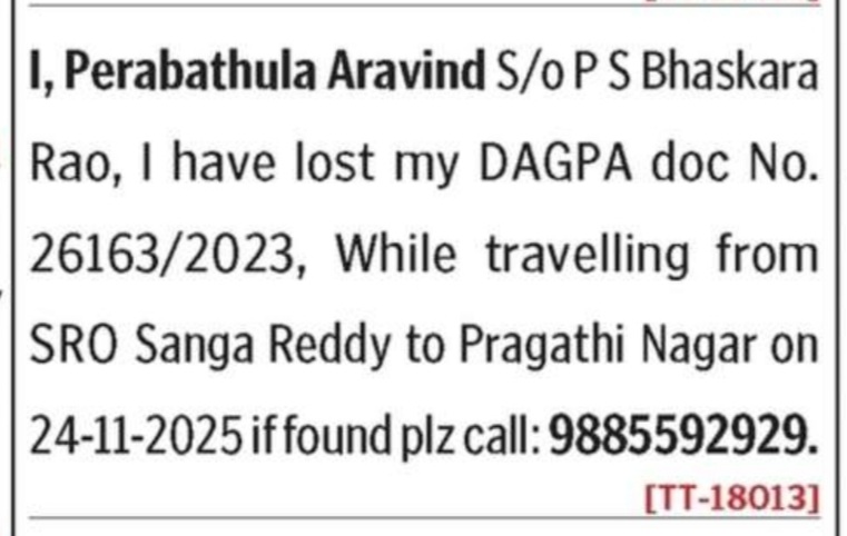LOST OF DOCUMENTS