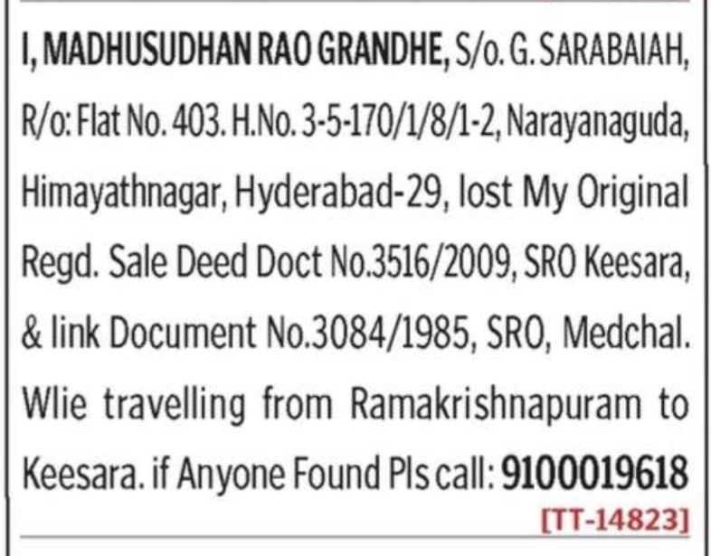 LOST OF DOCUMENTS