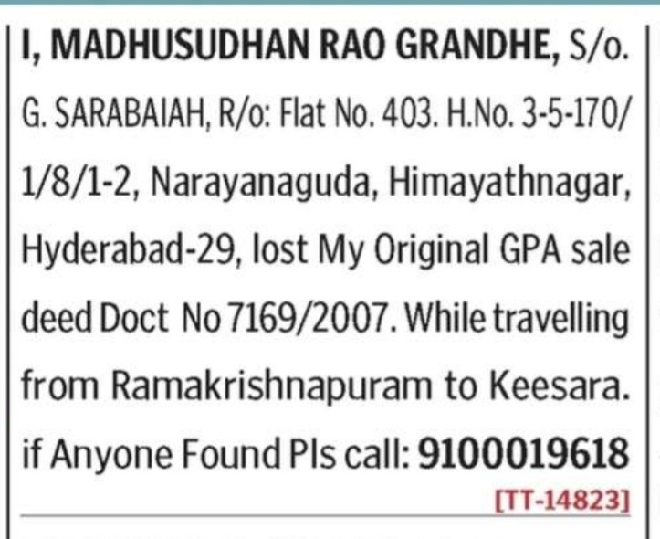 LOST OF GPA SALE DEED