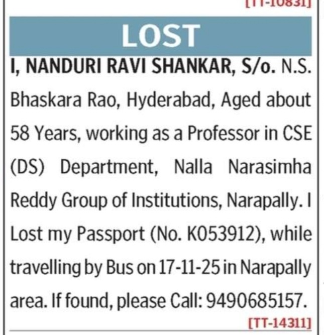 LOST OF PASSPORT- K053912