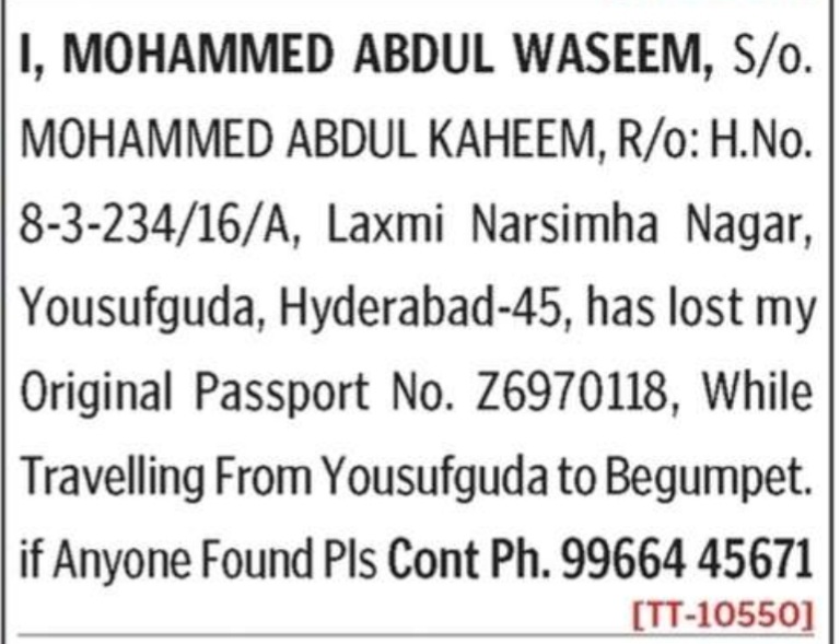 LOST OF PASSPORT- Z6970118