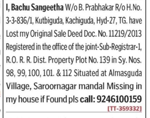 LOST OF SALE DEED DOCUMENT