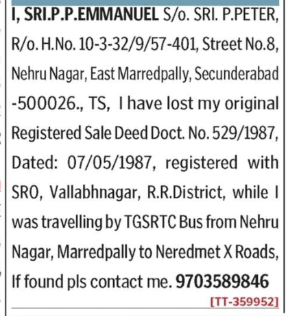 LOST OF SALE DEED DOCUMENT
