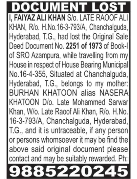 LOST OF SALE DEED DOCUMENT
