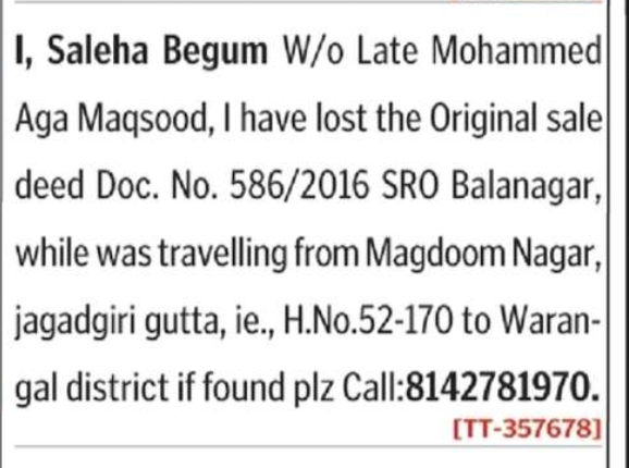 LOST OF SALE DEED DOCUMENT