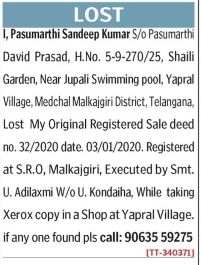 LOST OF SALE DEED