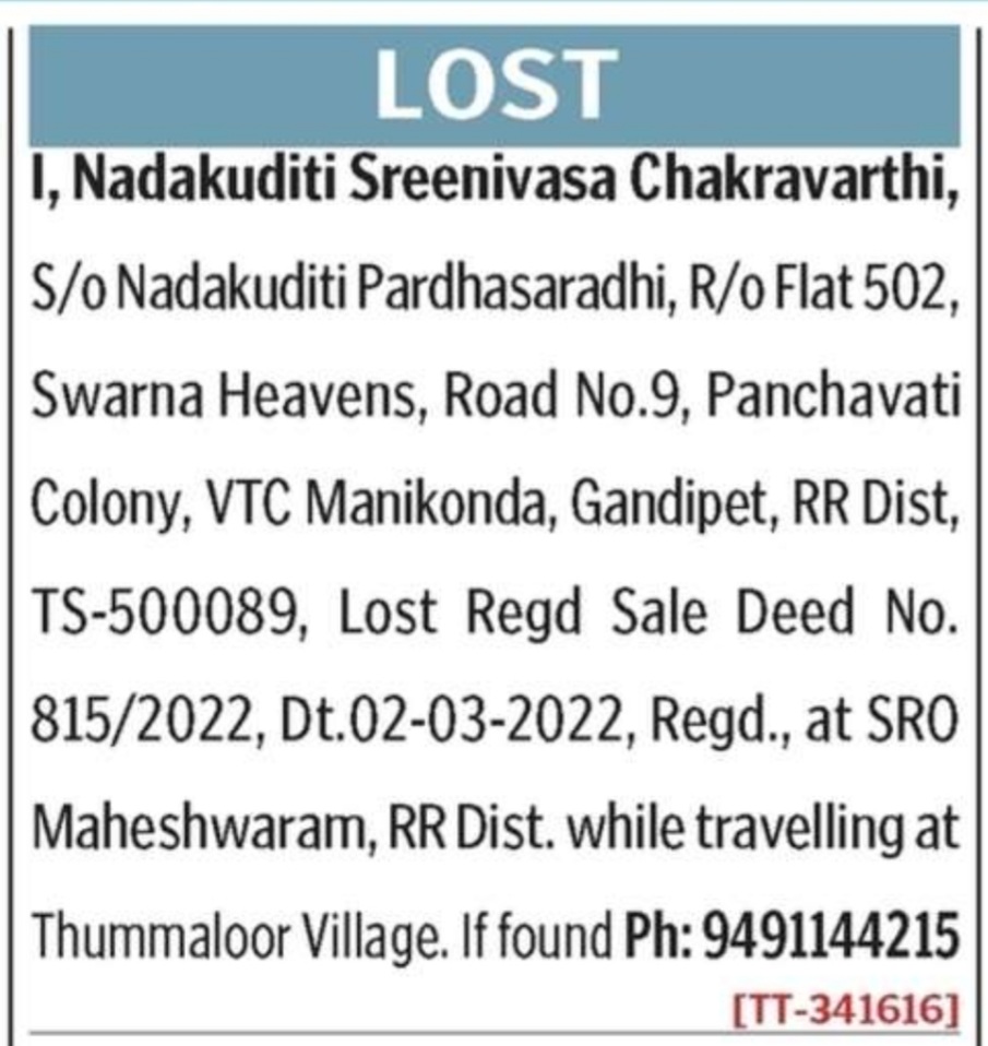LOST OF SALE DEED