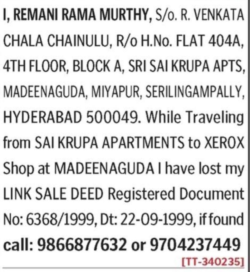 LOST OF SALE DEED