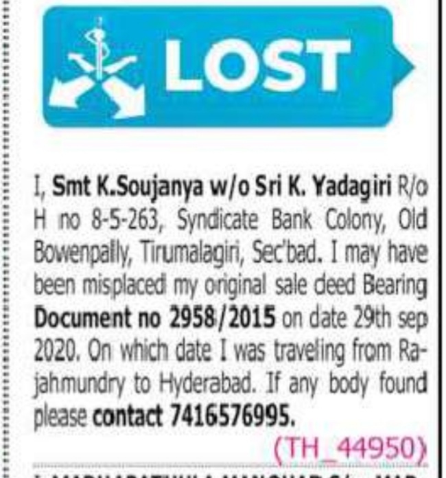 LOST OF SALE DEED