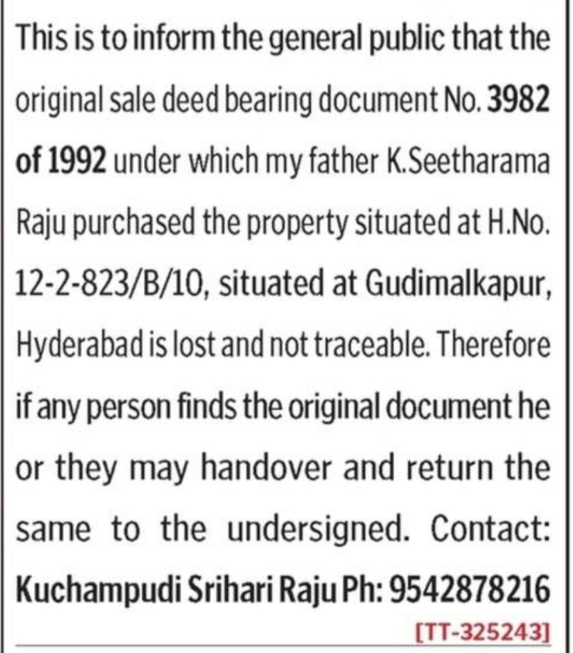 LOST OF SALE DEED