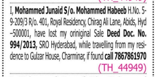 LOST OF SALE DEED