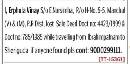LOST OF SALE DEED