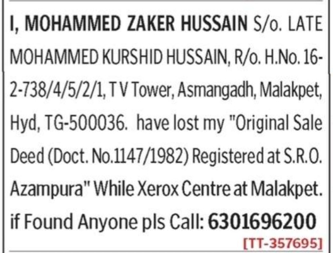 LOST OF SALE DEED