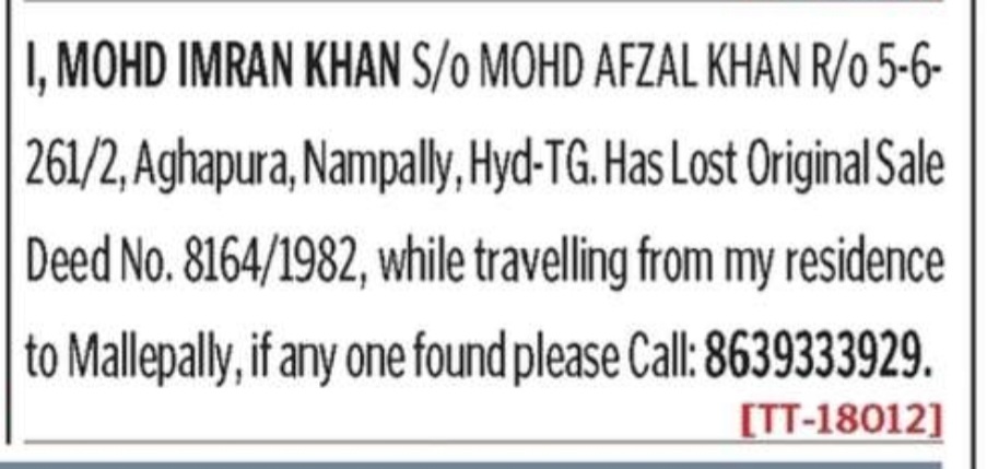 LOST OF SALE DEED