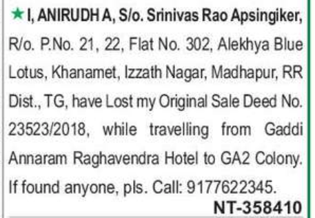 LOST OF SALE DEED