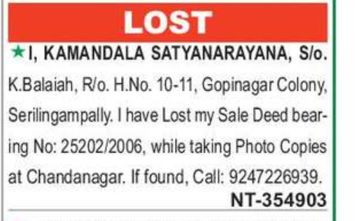 LOST OF SALE DEED