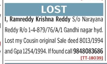 LOST OF SALE DEED