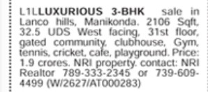 LUXURIOUS 3BHK SALE IN LANCO HILLS