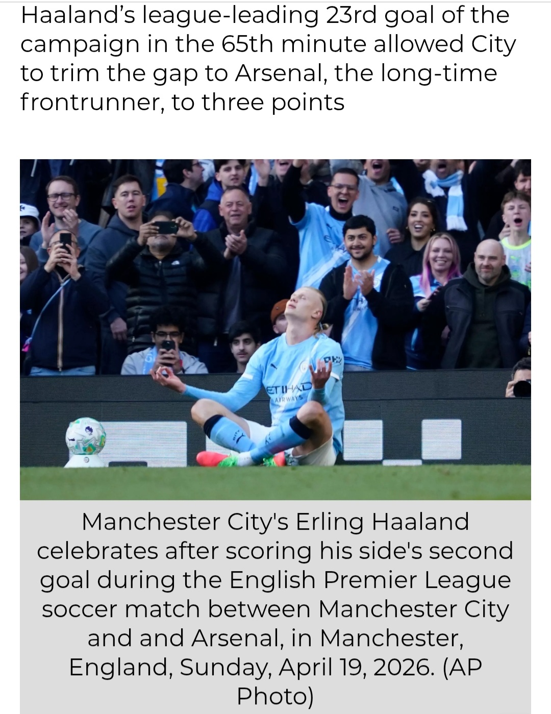 Manchester City Beats Arsenal 2-1 For Huge Win in Premier League Title Race