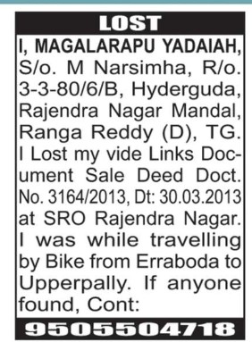 MANGALARAPU YADIAH HAS LOST PASSPORT
