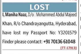 MANIHA NAAZ HAS LOST PASSPORT