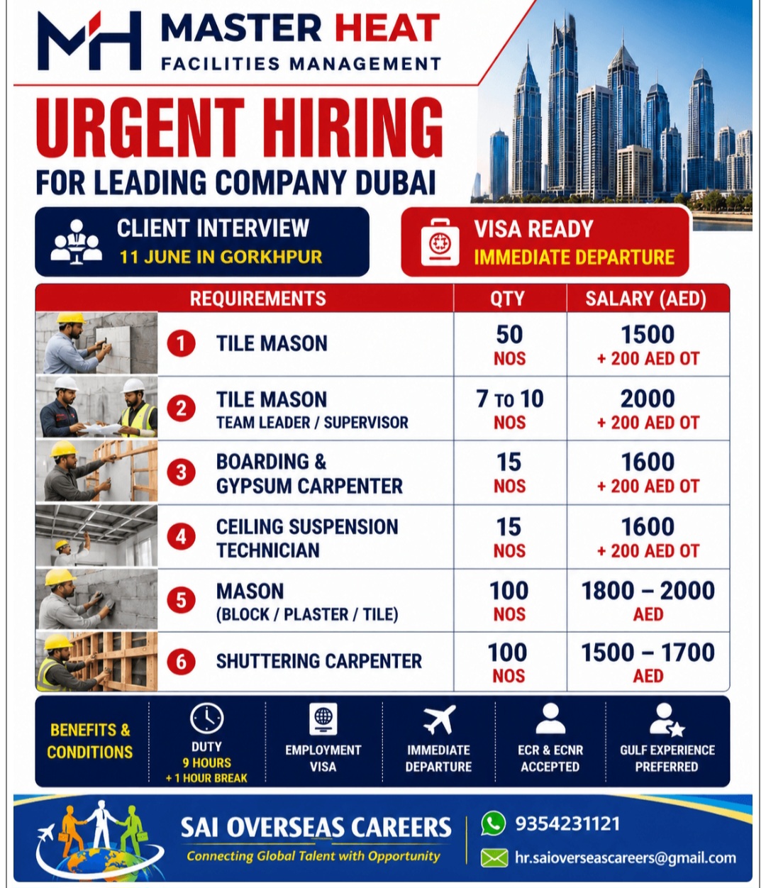 MASTERS HEAT FACILITIES MANAGEMENT IS HIRING FOR DUBAI