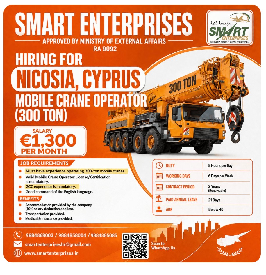 Mobile Crane Operator (300 Ton) hiring for NICOSIA CYPRUS