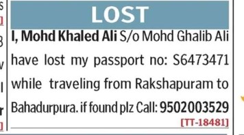 MOHD KHALED ALI HAS LOST PASSPORT