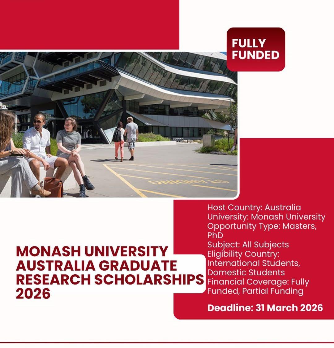 MONASH UNIVERSITY AUSTRALIA GRADUATE RESEARCH SCHOLARSHIPS 2026.