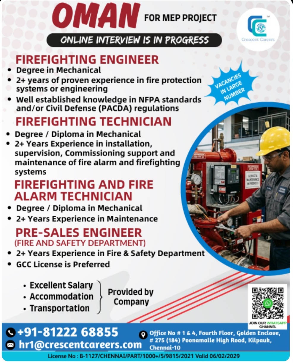 MULTIPLE JOB POSITIONS FOR MEP PROJECT OMAN