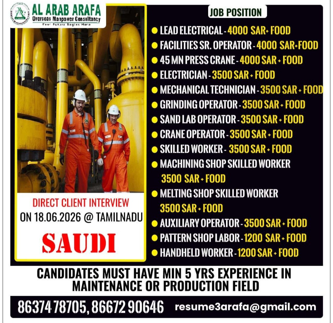 MULTIPLE JOB POSITIONS RECRUITMENT FOR SAUDI ARABIA