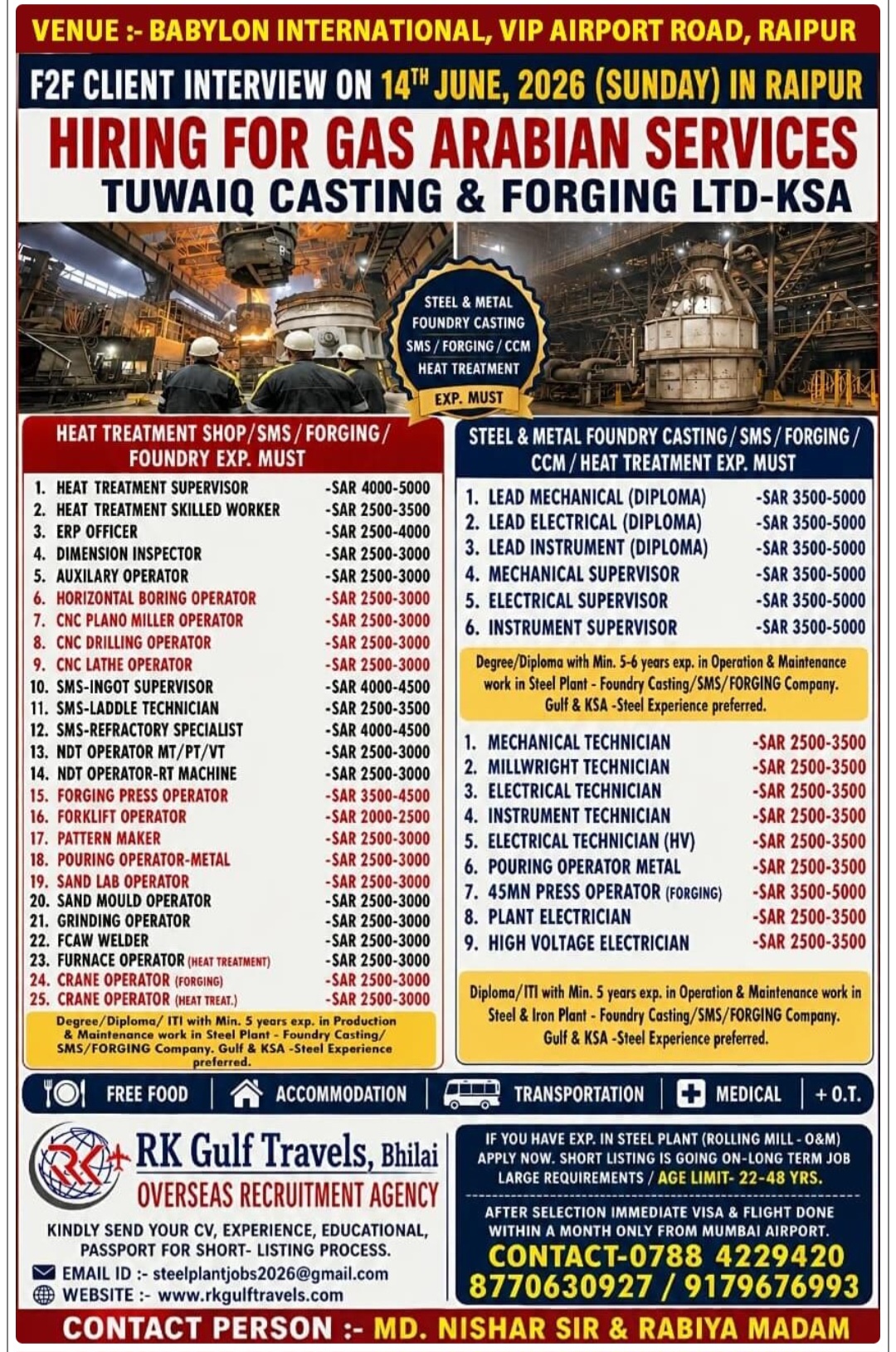 MULTIPLE JOB VACANCIES AVAILABLE FOR KSA