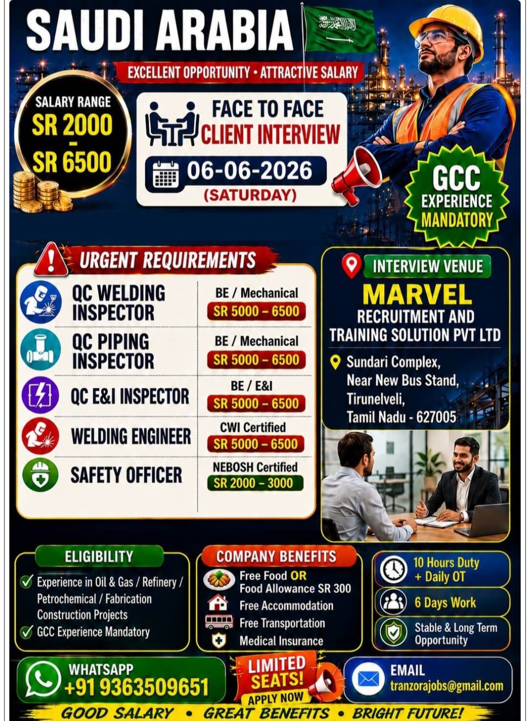 MULTIPLE JOB VACANCIES AVAILABLE FOR SAUDI ARABIA
