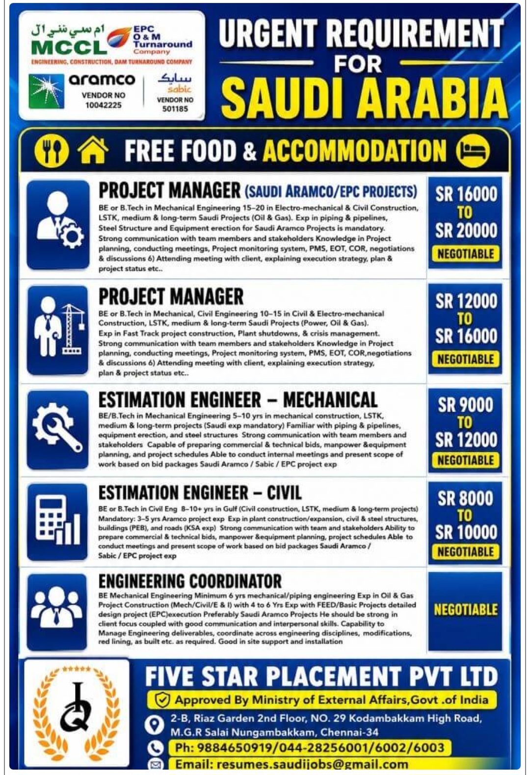 MULTIPLE JOB VACANCIES AVAILABLE FOR SAUDI ARABIA