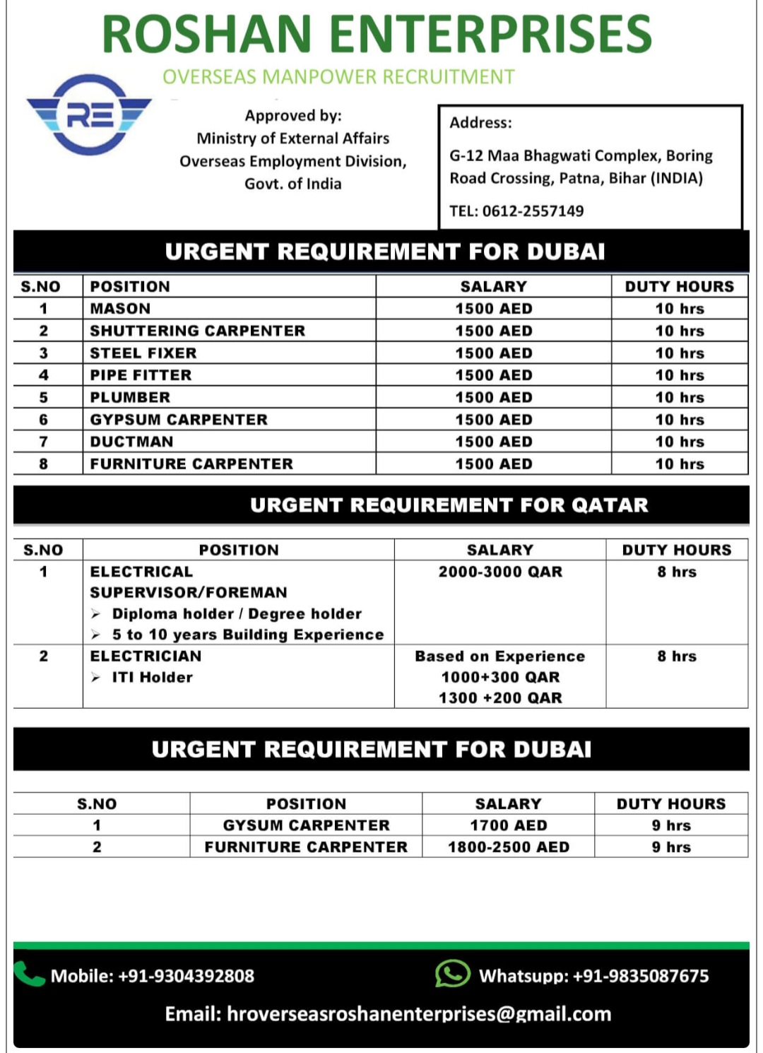 MULTIPLE JOB VACANCIES FOR DUBAI ,QATAR