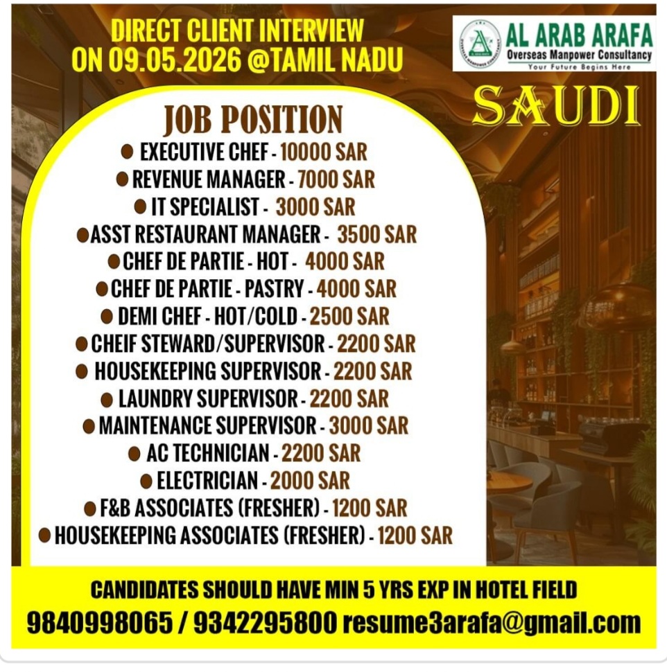MULTIPLE JOB VACANCIES FOR SAUDI ARABIA