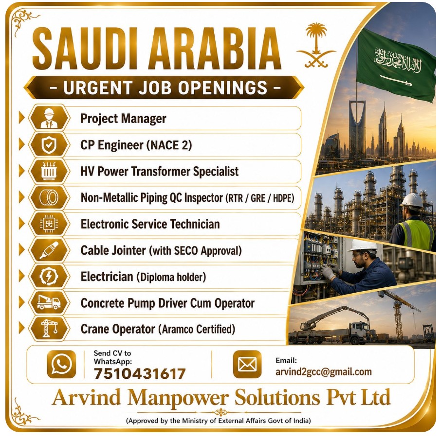MULTIPLE JOB VACANCIES FOR SAUDI ARABIA