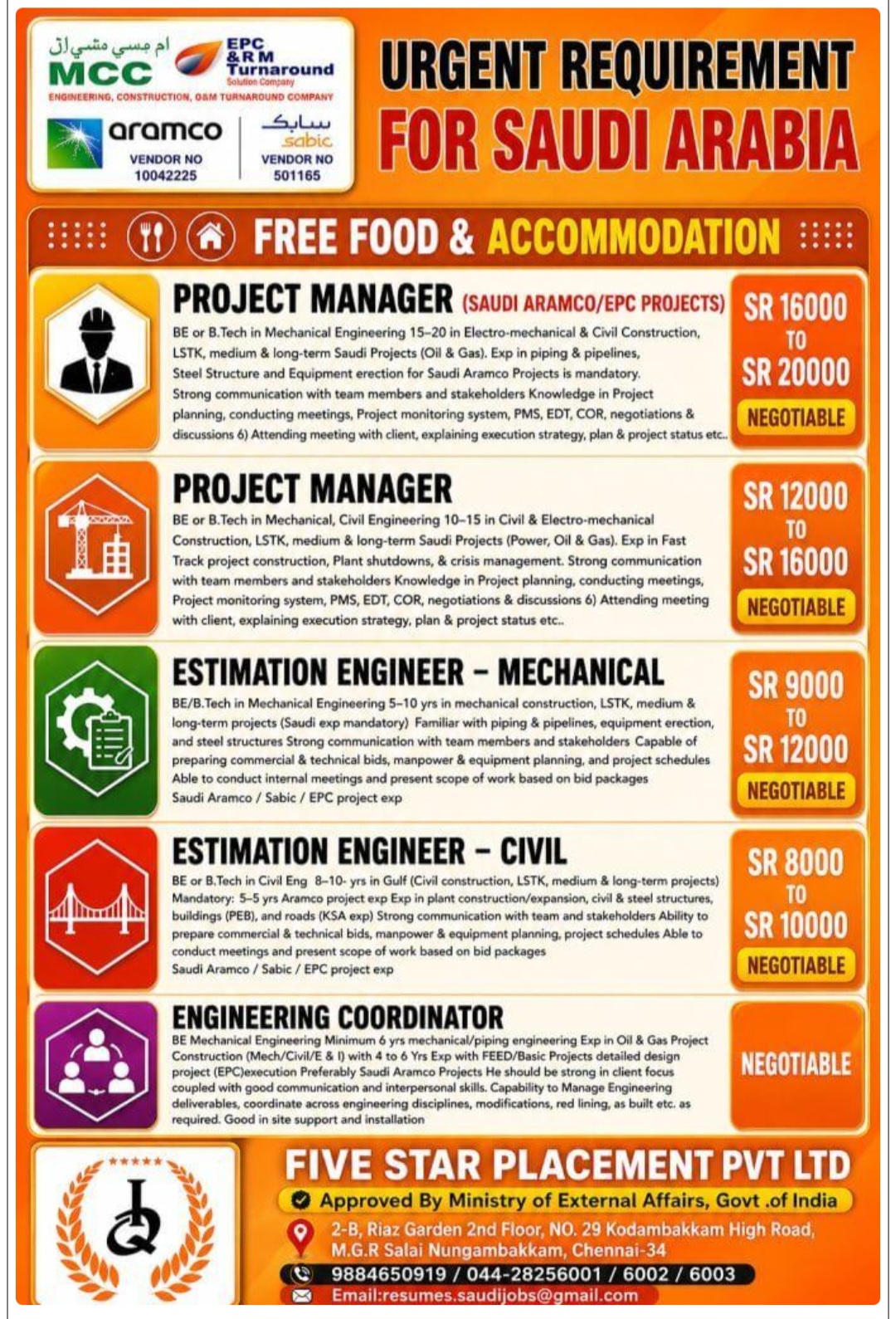 MULTIPLE JOB VACANCIES HIRING  FOR SAUDI ARABIA